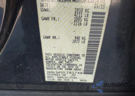 2015 Nissan Altima 2.5/2.5 S/2.5 Sl/2.5 Sv from USA, damaged, VIN 1N4AL3AP1FC285748